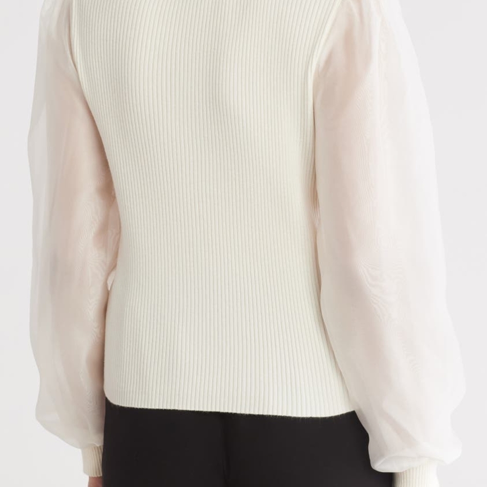 Chic Cream V-Neck Sweater with Sheer Sleeves - Picture 2 of 3